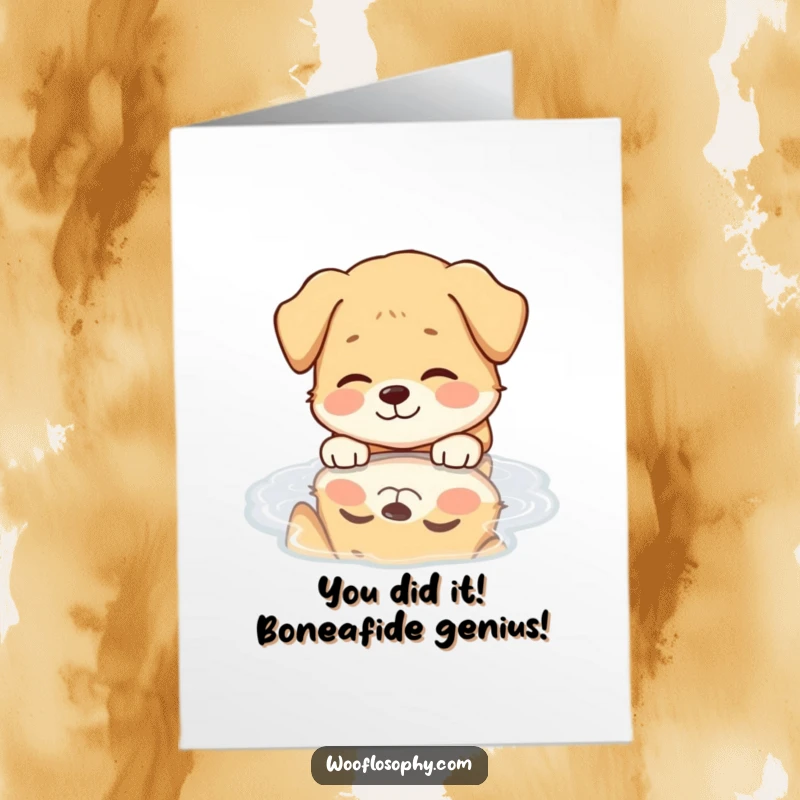 Funny Free Printable Congrats Card: Dog with a serene smile looking at its puddle reflection, a joyful DIY celebration.