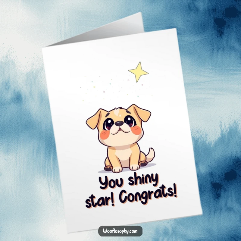 Funny Free Printable congratulations card with a dog looking up at a starry sky, eyes wide with awe and excitement.