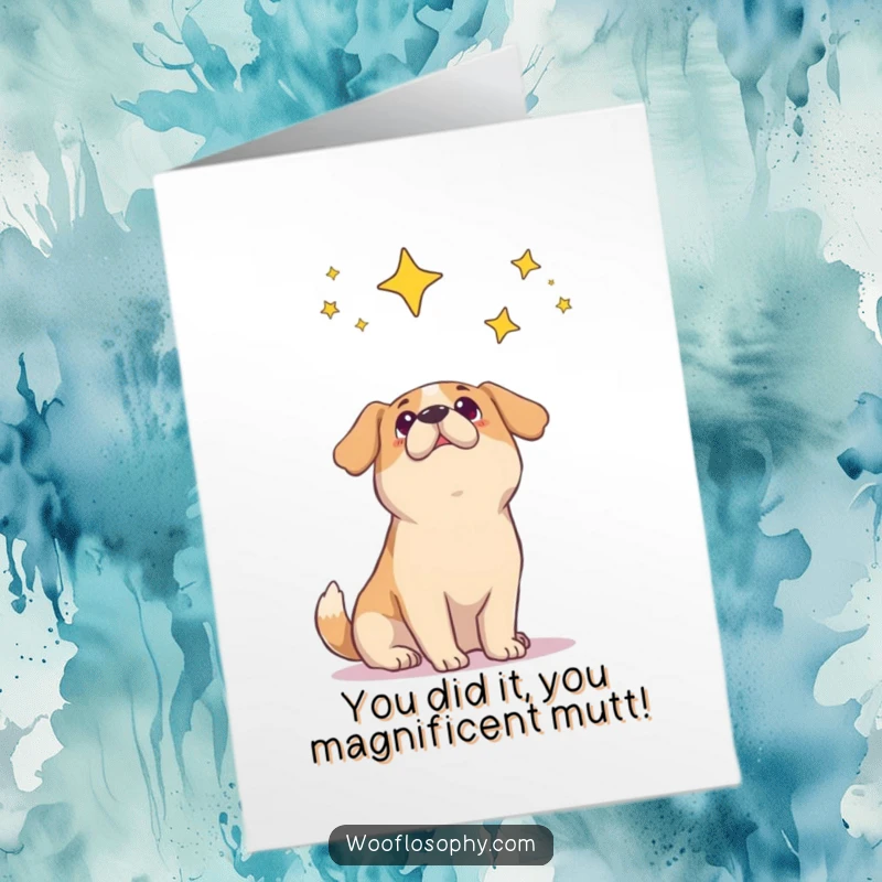 Funny Free Printable Congratulations Card: A dog looking at the stars, celebrating a spectacular success, downloadable art.