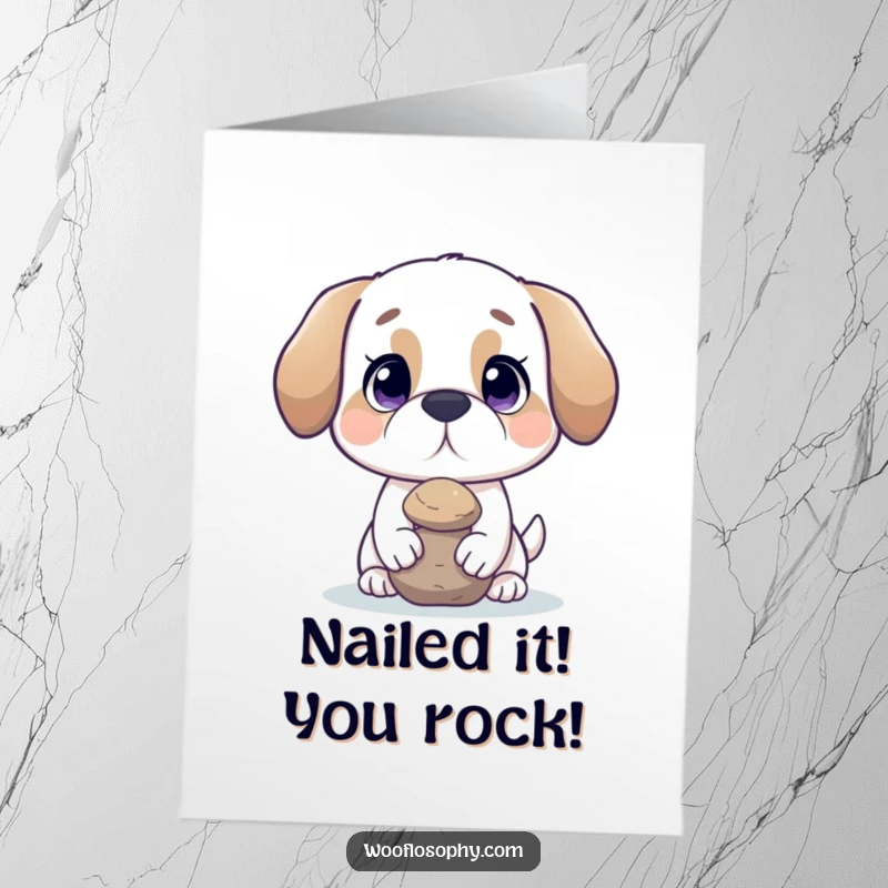 Funny Free Printable Congratulations Card: Dog balancing a tiny rock on its nose, representing balanced and successful achievements.