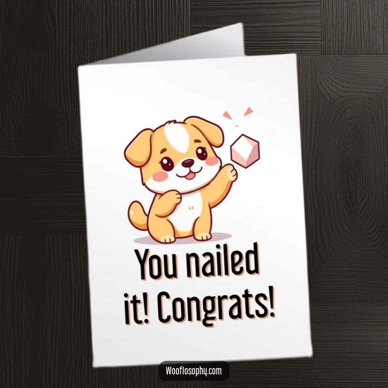 Funny Free Printable Congratulations Card: Kawaii dog with an inquisitive look, pointing at a triangle.