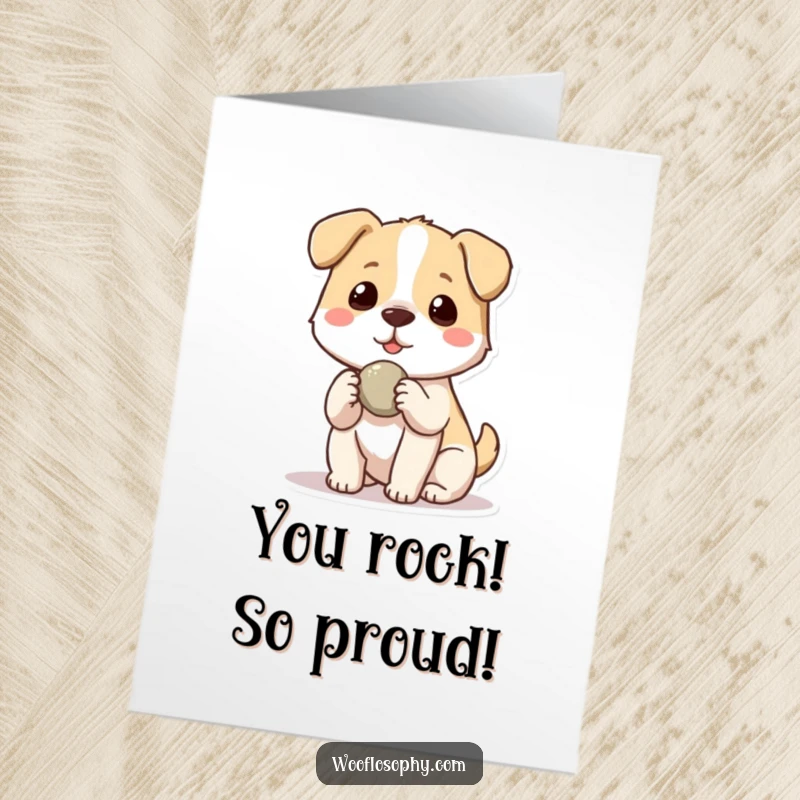 Funny Free Printable Congratulations Card: Kawaii dog giving a smooth stone as a gift.