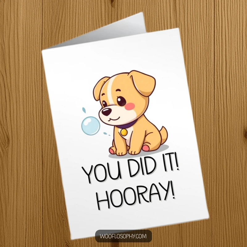 Funny Free Printable Congratulations Card: A regal Kawaii dog contemplates a bubble, symbolizing life's wonderful moments and achievements.