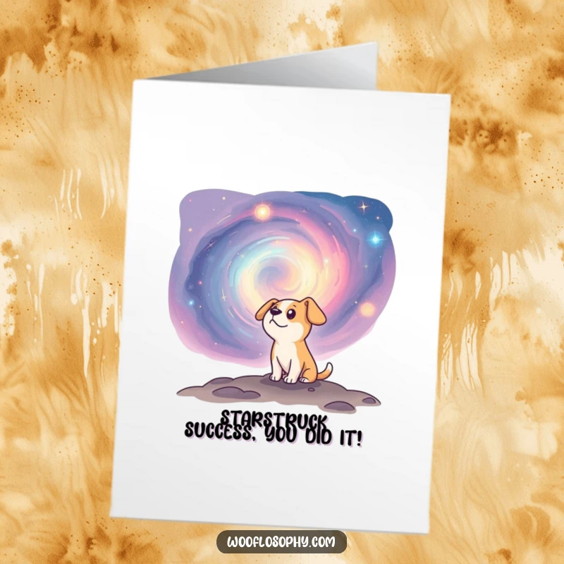 Funny Free Printable Congratulations Card: A curious dog peers into a colorful cosmic nebula showcasing wonder and amazement at a great achievement.