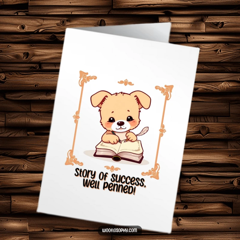Funny Free Printable Congratulations Card: A composed dog writes meticulously in a small, decorative book with a quill pen.