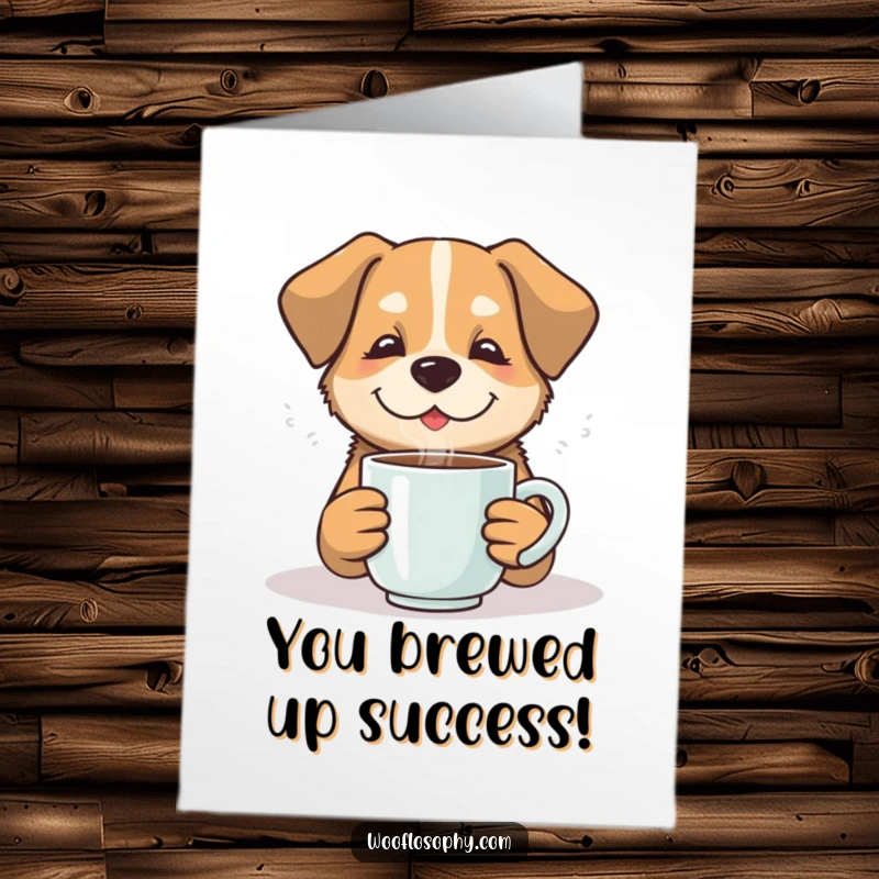 Funny Free Printable Congratulations Card: A contented dog sips from a steaming mug, celebrating a wonderful achievement with quiet joy.
