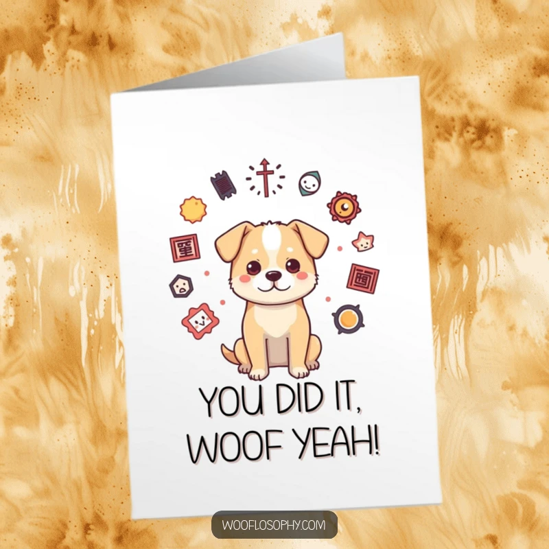 Funny Free Printable Congratulations Card with a dog contemplating symbols, celebrating a momentous achievement.