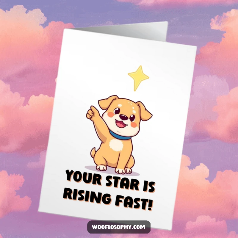 Funny Free Printable Congratulations Card: A dog points its paw towards a distant, glowing, shimmering star in a vast sky.