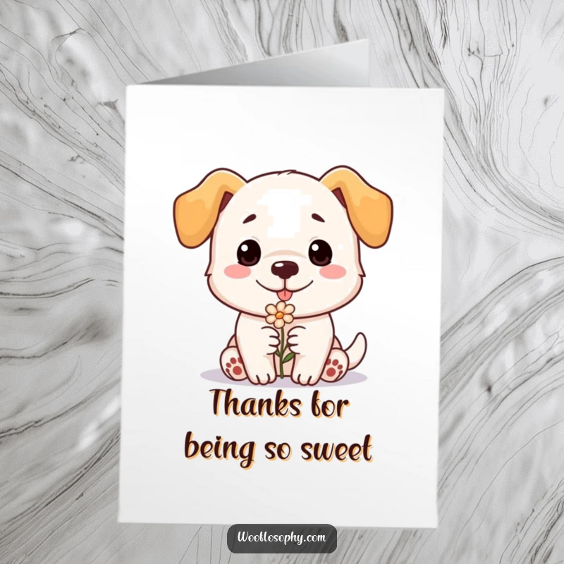Funny Free Printable Thank You Card: A dog with a gentle smile presents a tiny flower, a sweet and thoughtful present.
