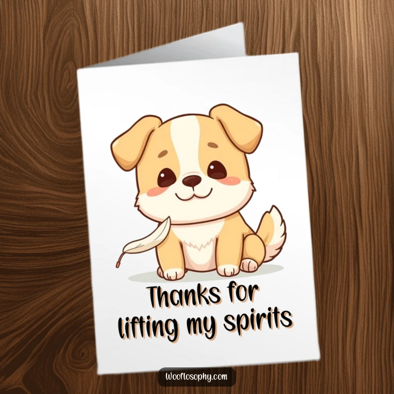 Funny Free Printable Thank You Card: Kawaii dog smiling gently as a feather drifts down.