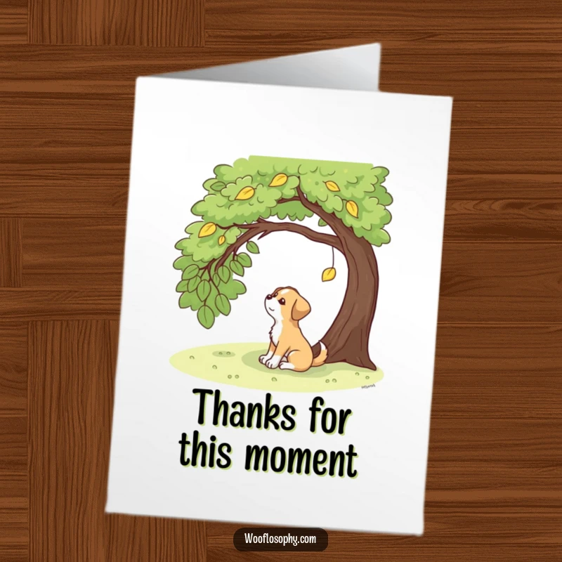 Funny Free Printable Thank You Card: A contemplative dog sits under a tree, observing a falling leaf.