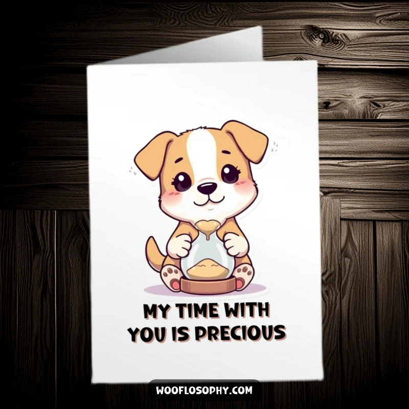 Funny free printable thank you card: A dog looks with fascination at a tiny hourglass, sand steadily flowing down.