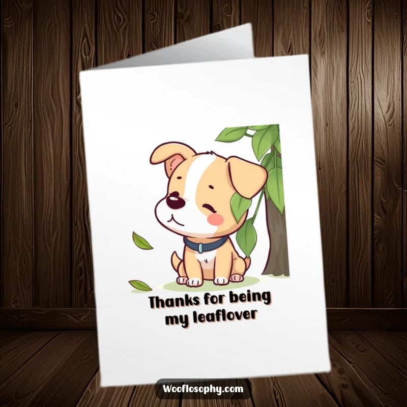 Funny free printable thank you card: A dog sits peacefully, head tilted, deeply engrossed in the sound of a falling leaf.