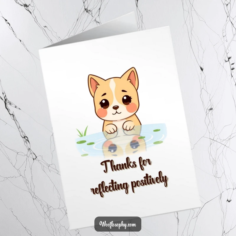 Funny free printable thank you card: A dog sits by a pond, its reflection mirroring its calm, grateful demeanor.
