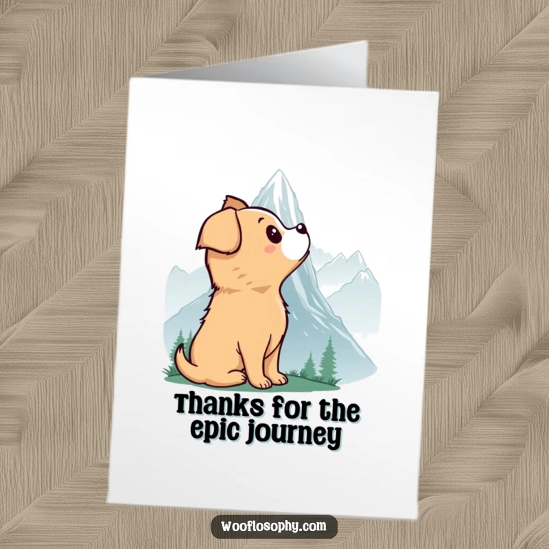 Funny Free Printable Thank You Card: Dog gazing at a misty mountain, expressing profound gratitude and awe.
