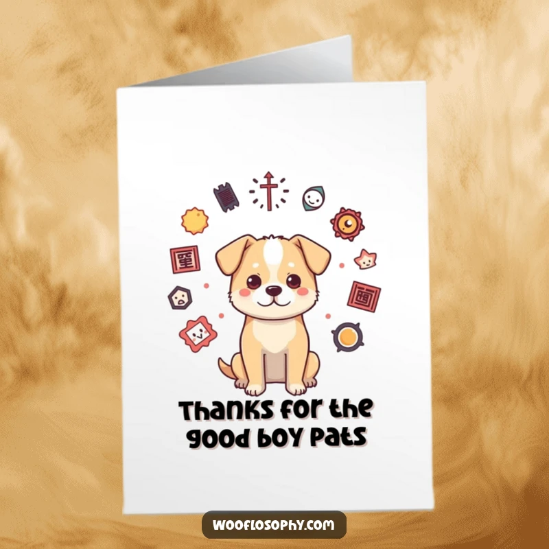 Funny Free Printable Thank You Card showing a dog surrounded by symbols, expressing deep gratitude.