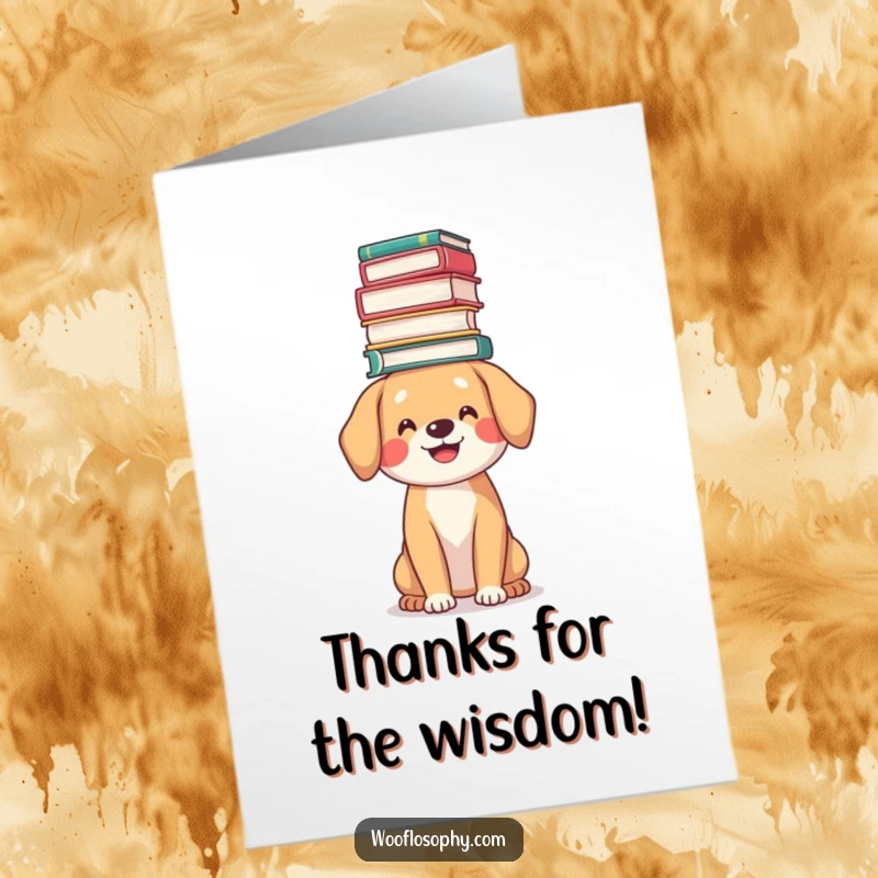Funny Free Printable Thank You Card: Dog with a pile of books balanced expertly on its head, looking pleased.