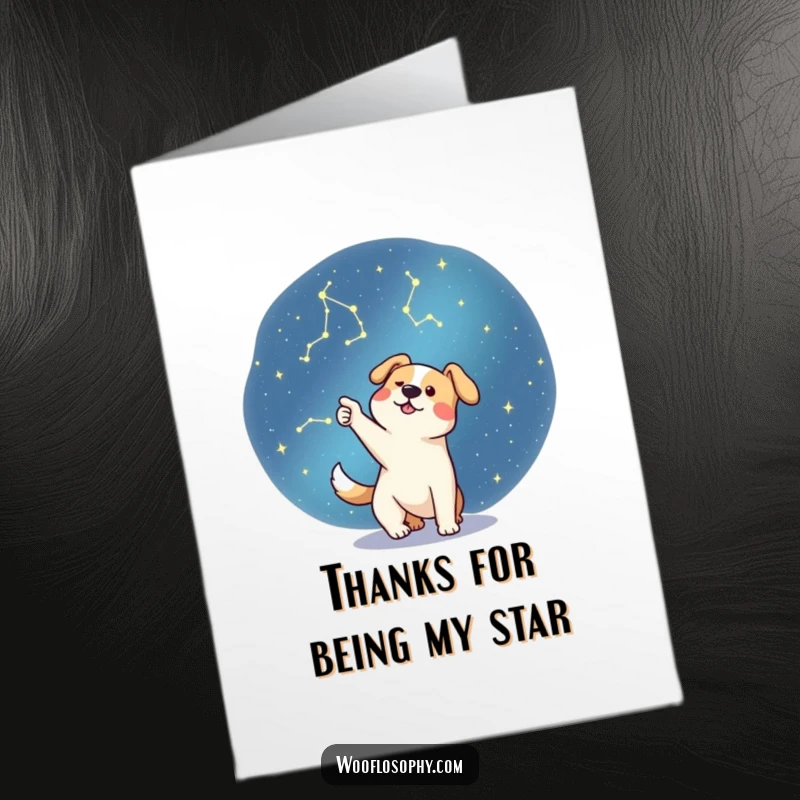 Funny Free Printable Thank You Card: A happy dog pointing at stars, expressing heartfelt thanks with a celestial theme.