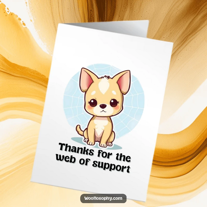 Funny Free Printable Thank You Card: A dog smiling while observing a spiderweb, expressing gratitude, DIY gift.