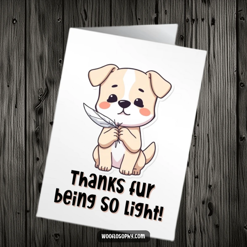 Funny Free Printable Thank You Card: Dog holding a feather, symbolizing effortless grace, a sweet DIY thank you.