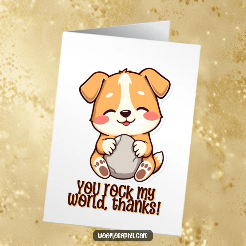 Funny Free Printable thank you card with a gently smiling dog holding a small, smooth stone, representing a treasured thank you.