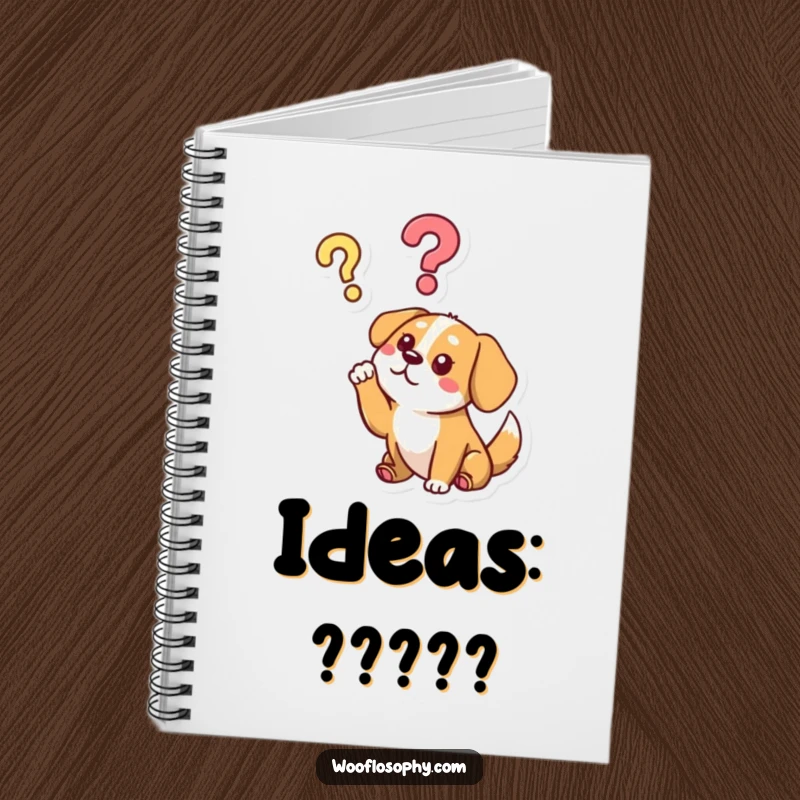 Funny notebook with a dog character pondering a question mark, inspiring thoughtful entries and humorous questions.