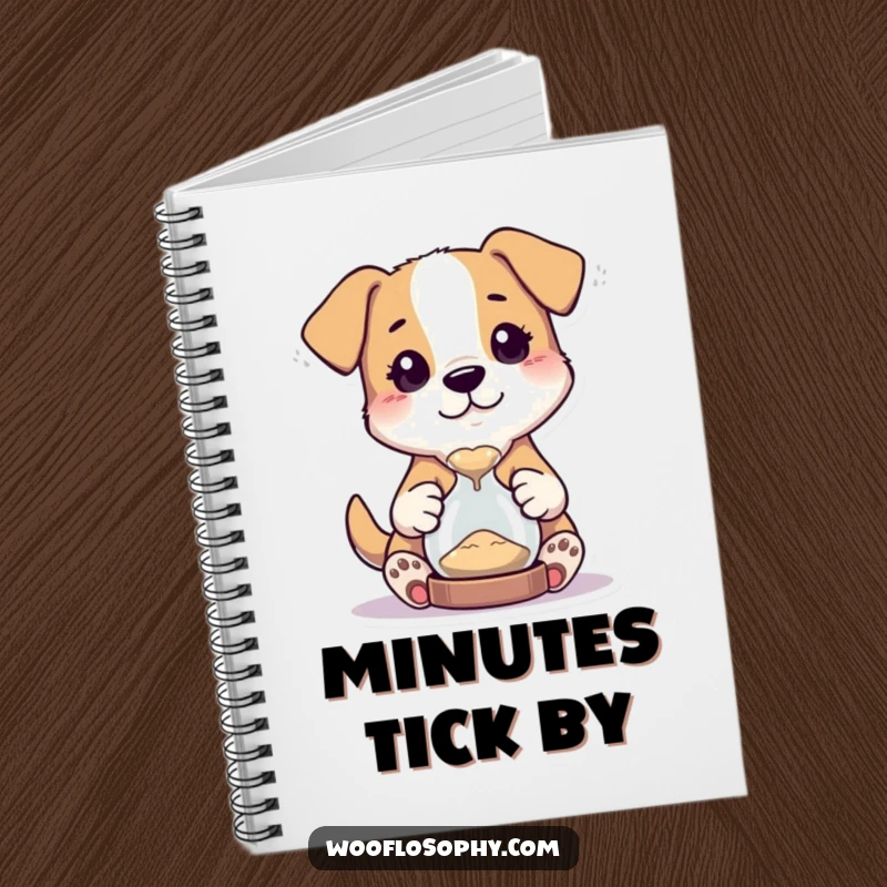 Funny notebook with a curious dog character holding a tiny hourglass and watching the sand flow, encouraging observation.