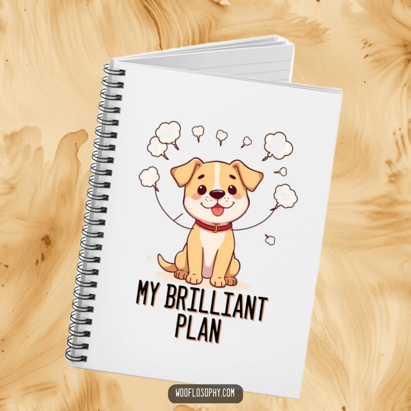 Funny notebook with a dog connecting scattered thought bubbles with strings, illustrating the process of idea generation.