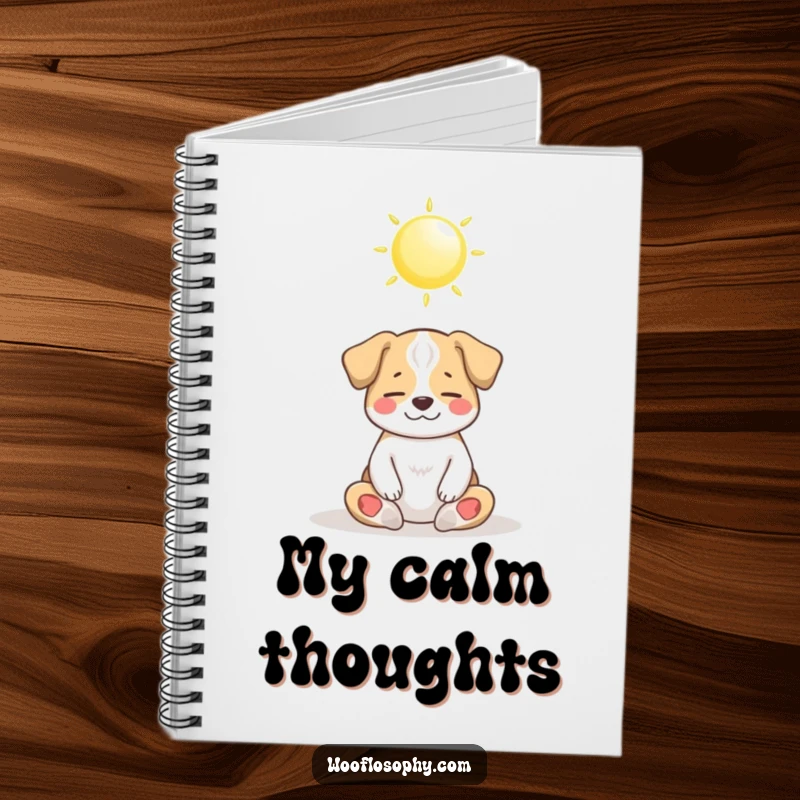 Funny Dog Notebook with a dog meditating peacefully under a shining sun, perfect for journaling serene thoughts.