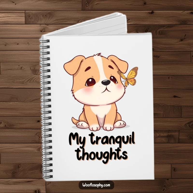 Funny notebook cover with a calm dog watching a butterfly flutter by, encouraging peaceful writing.