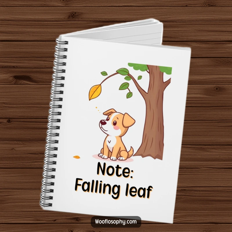 Funny notebook with a dog character contemplating a falling leaf, inspiring thoughtful entries and humorous doodles.