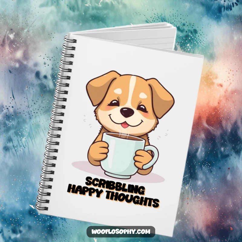 Funny dog with a steaming mug on a notebook cover, perfect for recording peaceful thoughts, a funny gift.