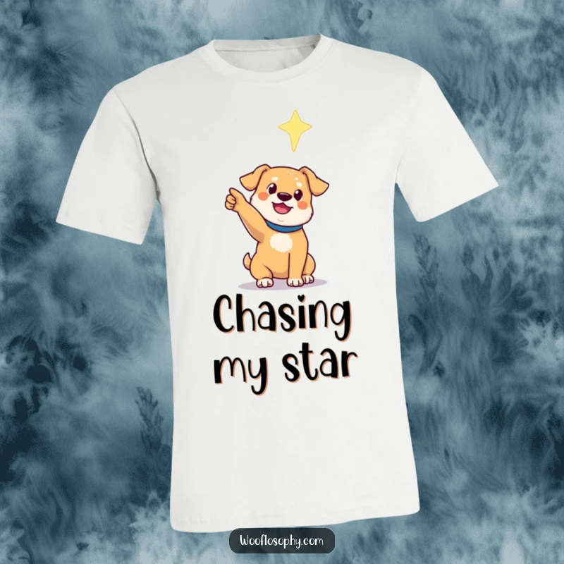 Funny t-shirt showing a dog pointing its paw towards a distant, shimmering star, symbolizing hope and ambition.