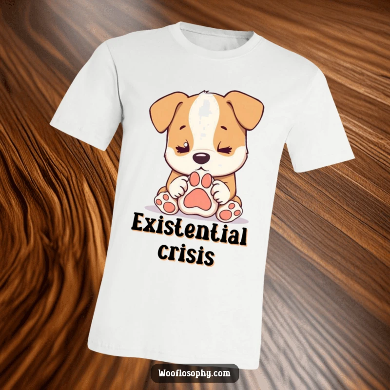Funny dog t-shirt, a dog intensely stares at a paw print, conveying deep thought and existential questioning, hilarious gift.