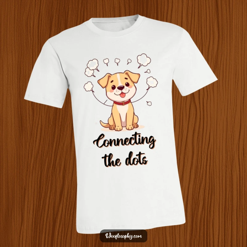 Funny t-shirt with a dog connecting scattered thought bubbles with strings, illustrating relatable mental processes.