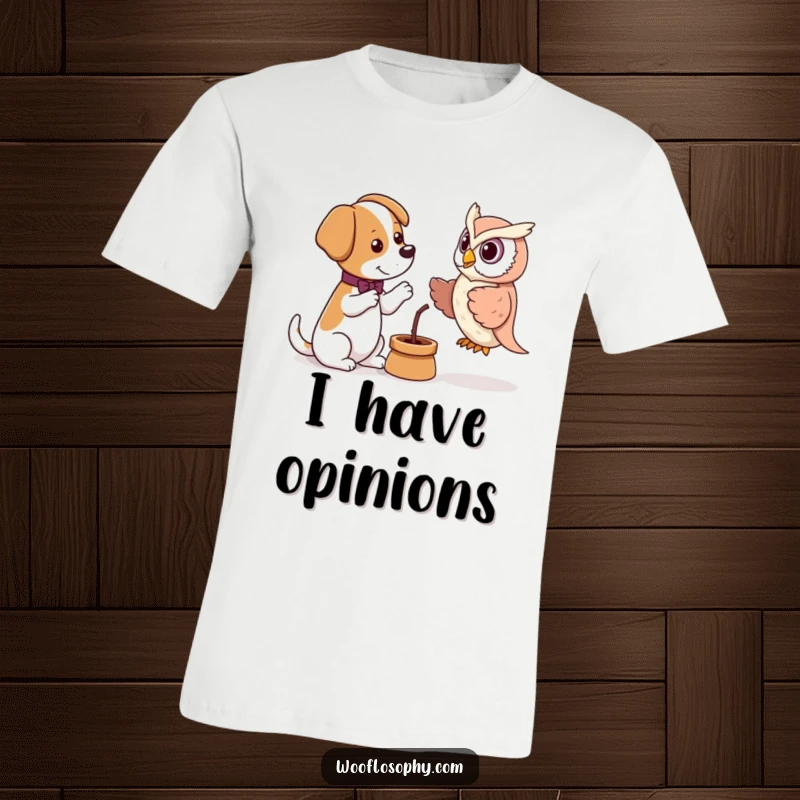 Funny t-shirt depicting a dog engaged in a spirited debate with a wise owl puppet, highlighting comedic intellectualism.