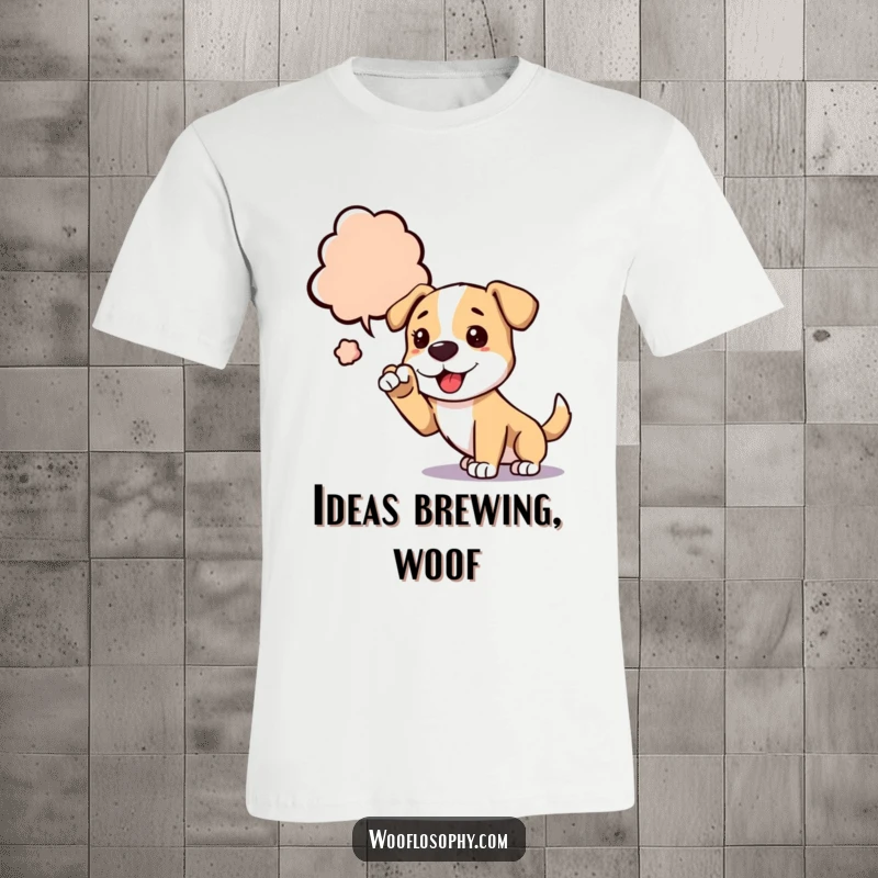 Funny dog t-shirt with a dog reaching for a stylized thought bubble, symbolizing creativity and humor.