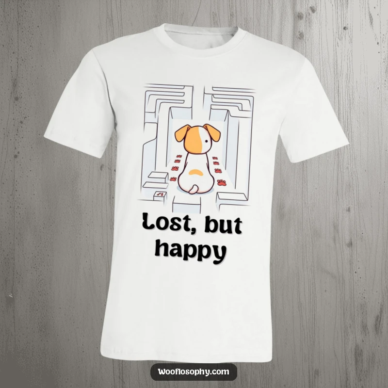 Funny dog staring at a maze, paw prints indicating confusion, wearing a t-shirt.