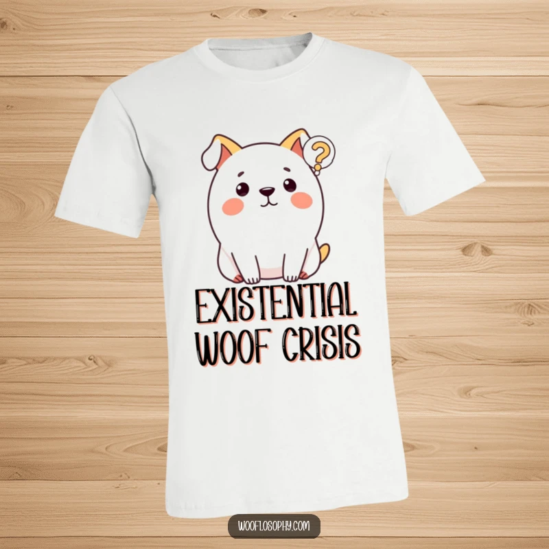 Funny dog t-shirt showcasing a round dog looking perplexed at a floating question mark icon, ideal for thinkers.
