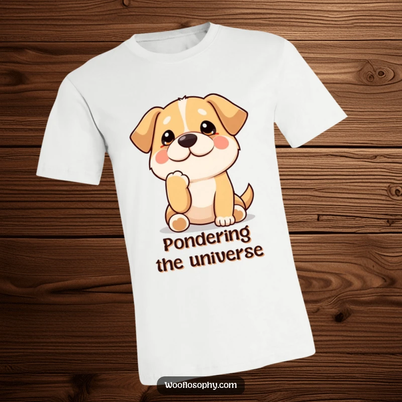 Funny Kawaii dog with paw on chin, contemplating, a humorous t-shirt design that celebrates thoughtful moments and canine charm.