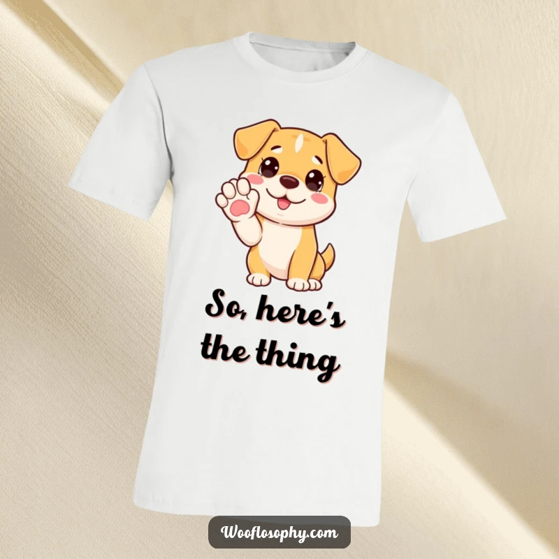 Funny t-shirt with a dog holding its paw up, symbolizing an impending, humorous explanation.