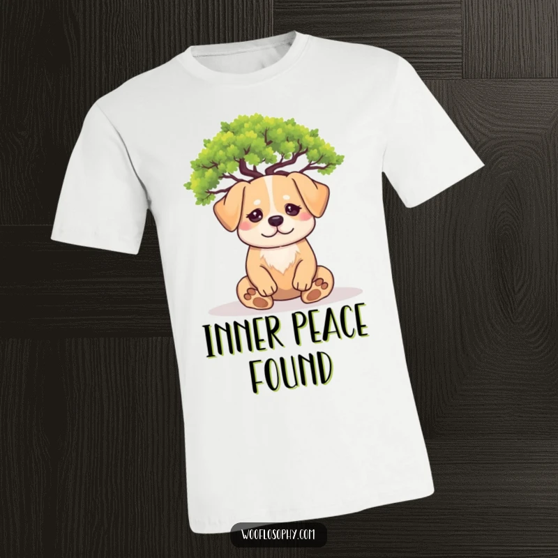 Funny meditating dog t-shirt: a calm dog sits under a miniature tree with eyes closed, exuding peace and mindfulness.