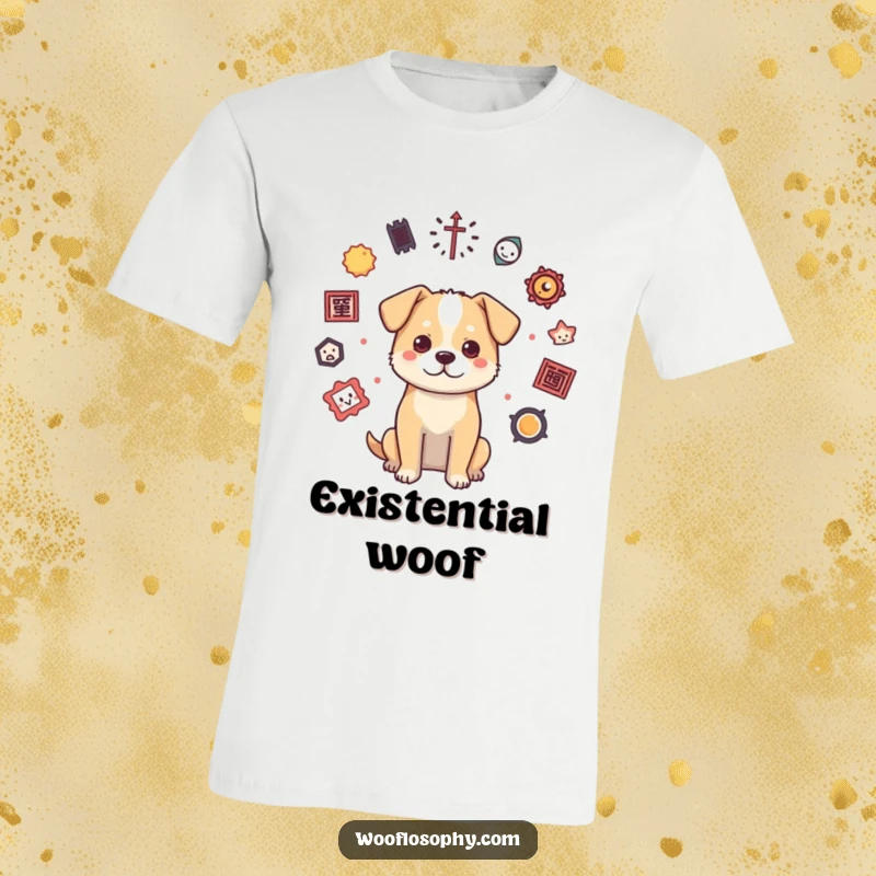 Funny dog t-shirt featuring a dog surrounded by floating philosophical symbols, looking deep in thought and slightly confused.