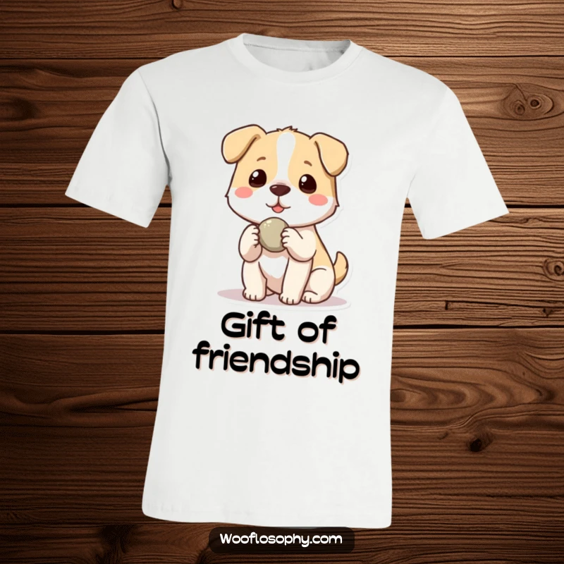 Funny Kawaii dog offering a stone to another dog, a humorous t-shirt design celebrating friendship, generosity, and thoughtful connections.