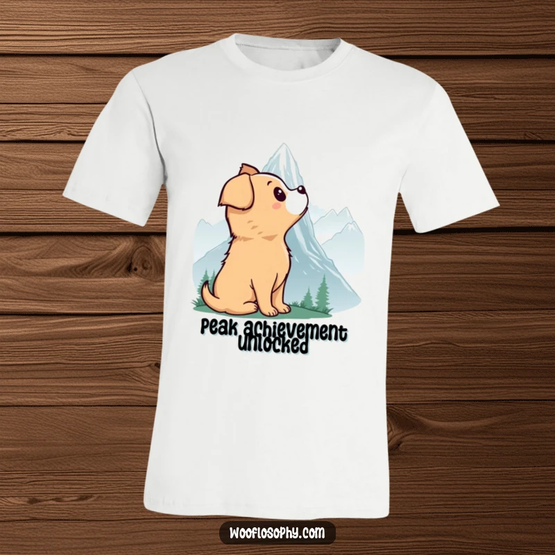 Funny t-shirt with a dog looking up at a misty mountain, inspired by wonder and the spirit of adventure.