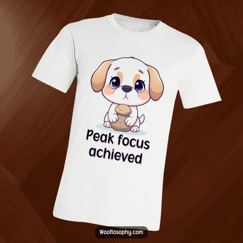 Funny dog t-shirt depicting a dog balancing a tiny rock on its nose, symbolizing poise and humor.