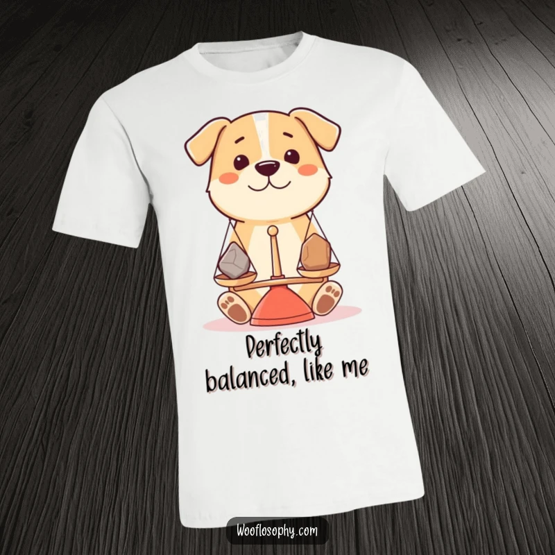 Funny dog holding a balance scale, weighing stones, wearing a t-shirt, looking analytical.