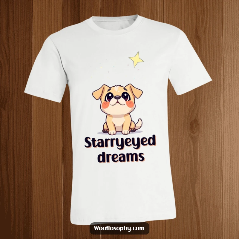 Funny t-shirt with a dog character looking up at a starry sky with awe-inspired eyes, highlighting cosmic humor.
