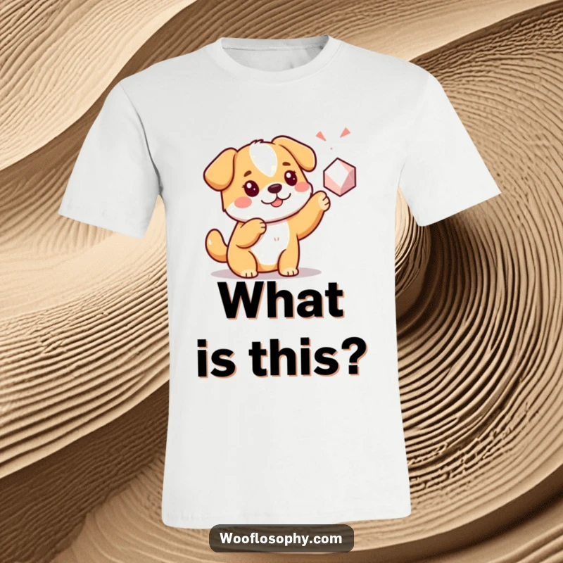 Funny Kawaii dog pointing at a geometric shape, a humorous t-shirt design that celebrates curiosity and simple discoveries.
