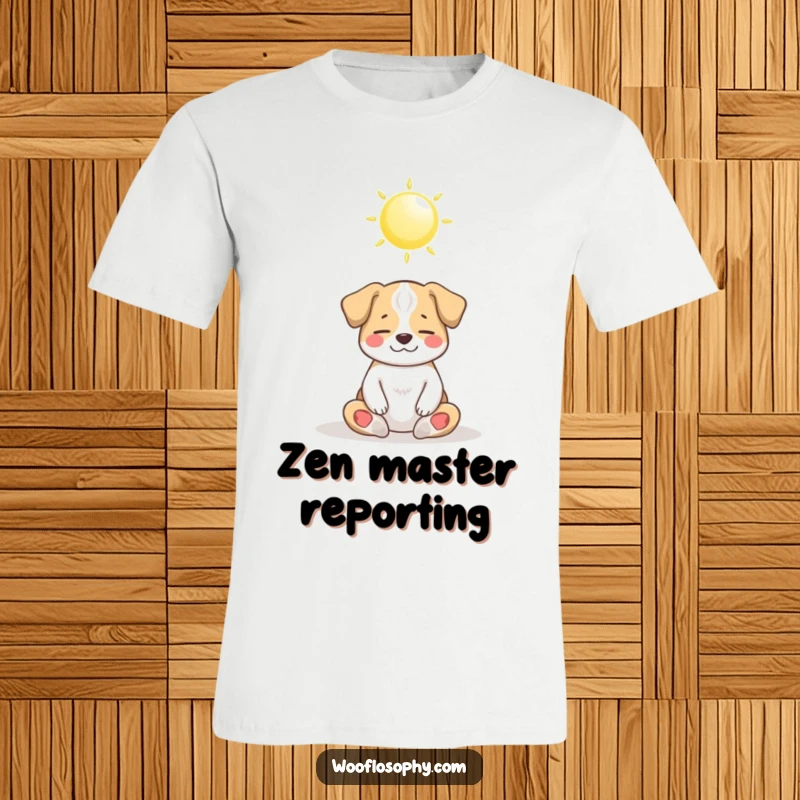 Funny Dog T-Shirt showing a dog in a peaceful meditation pose under a shining sun, conveying absolute serenity and humor.